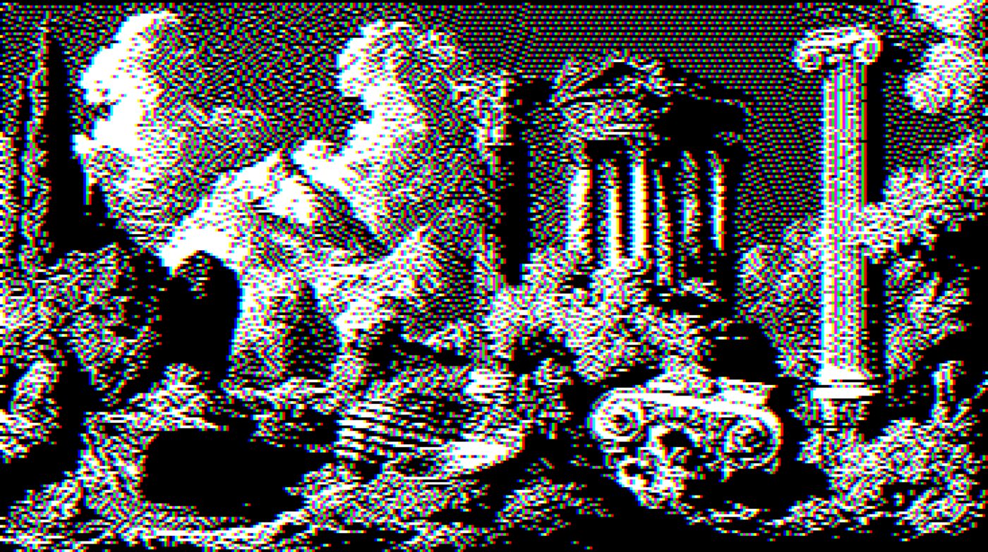 A photograph dithered with the Atkinson algorithm in one-bit black and white, with blown highlights and crisp midtones