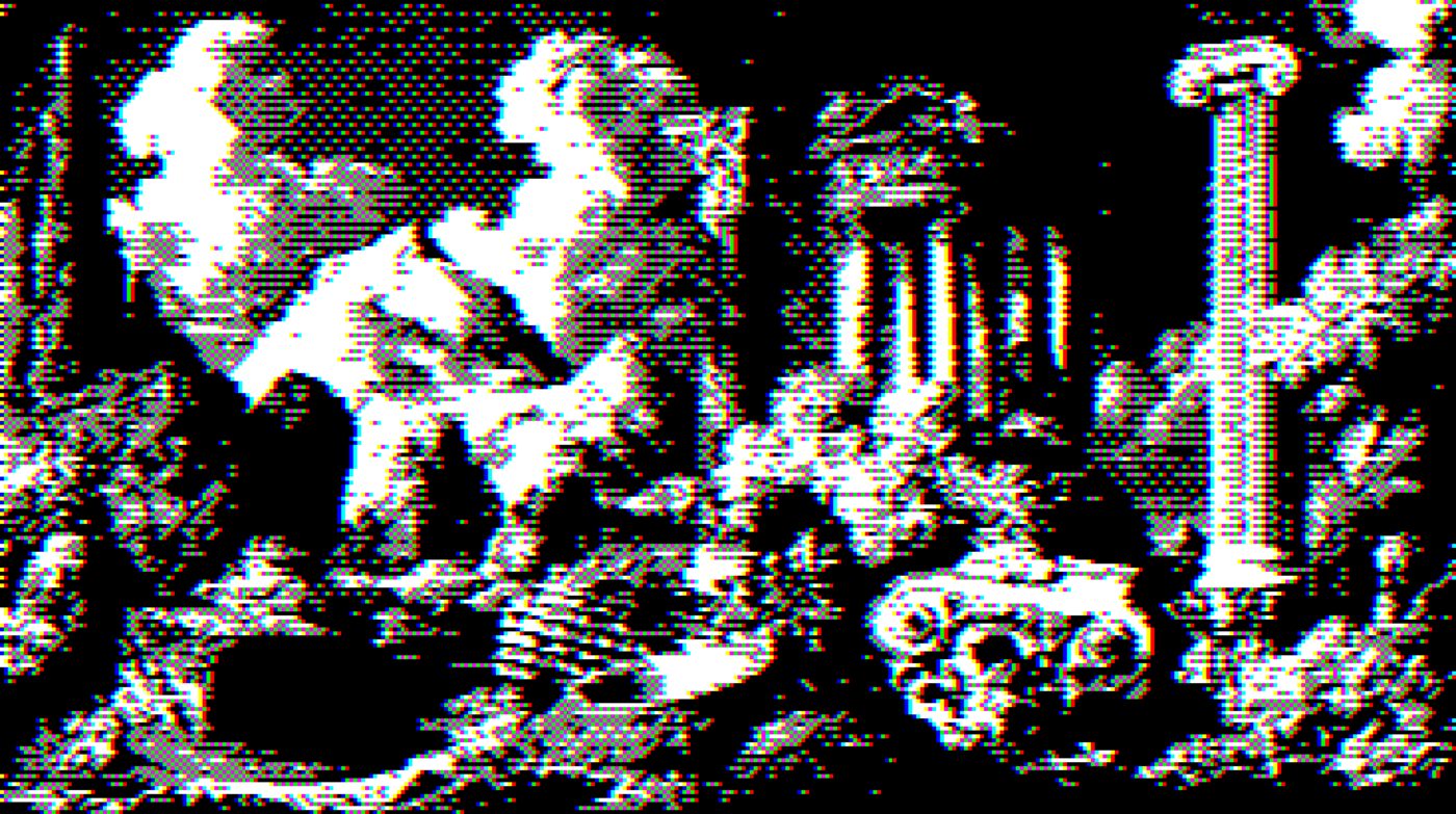 A photograph dithered with an ordered Bayer 4x4 matrix in one-bit black and white, showing its regular crosshatch pattern