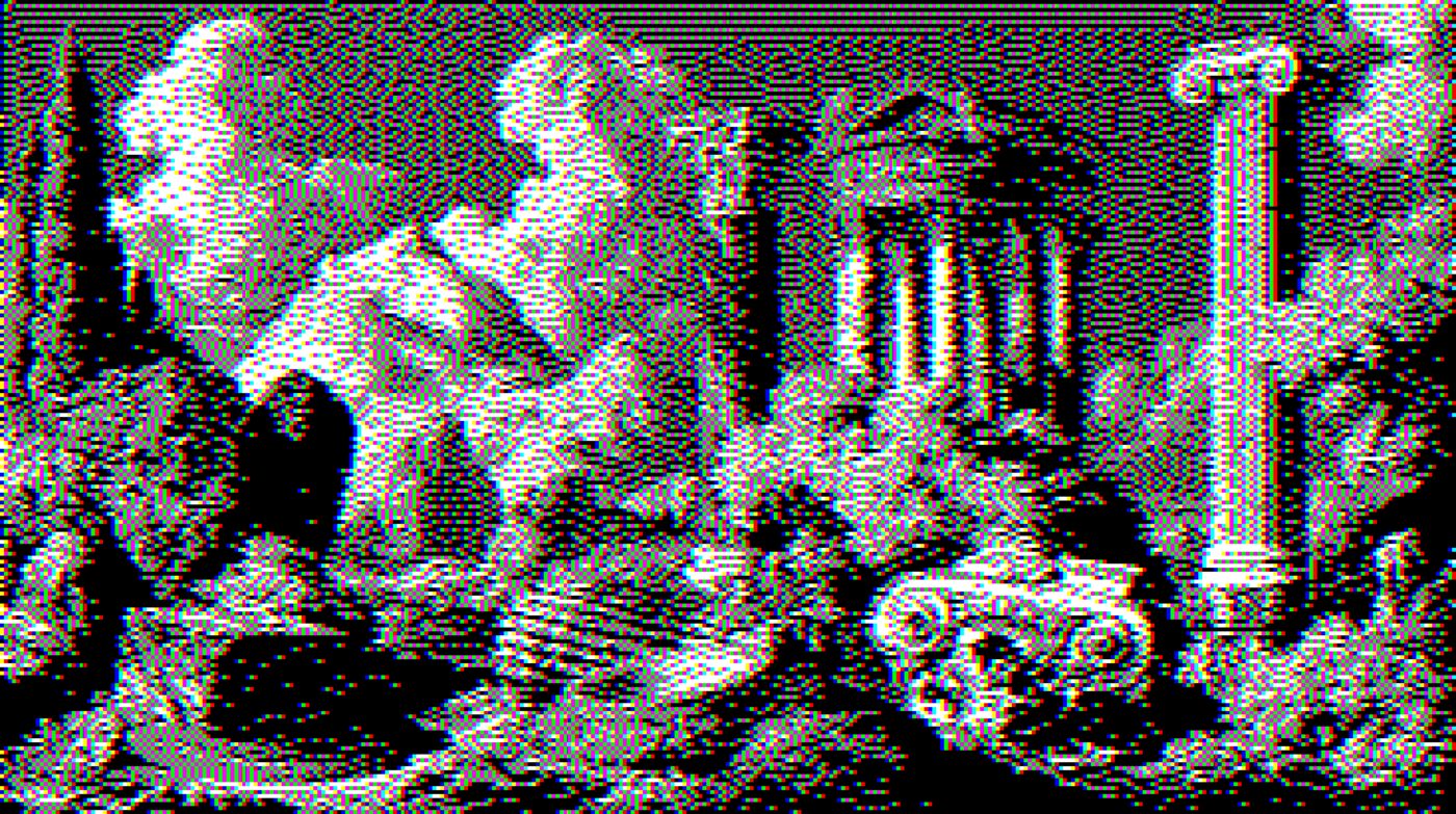 A photograph dithered with the Floyd-Steinberg algorithm in one-bit black and white, showing its fine irregular speckle