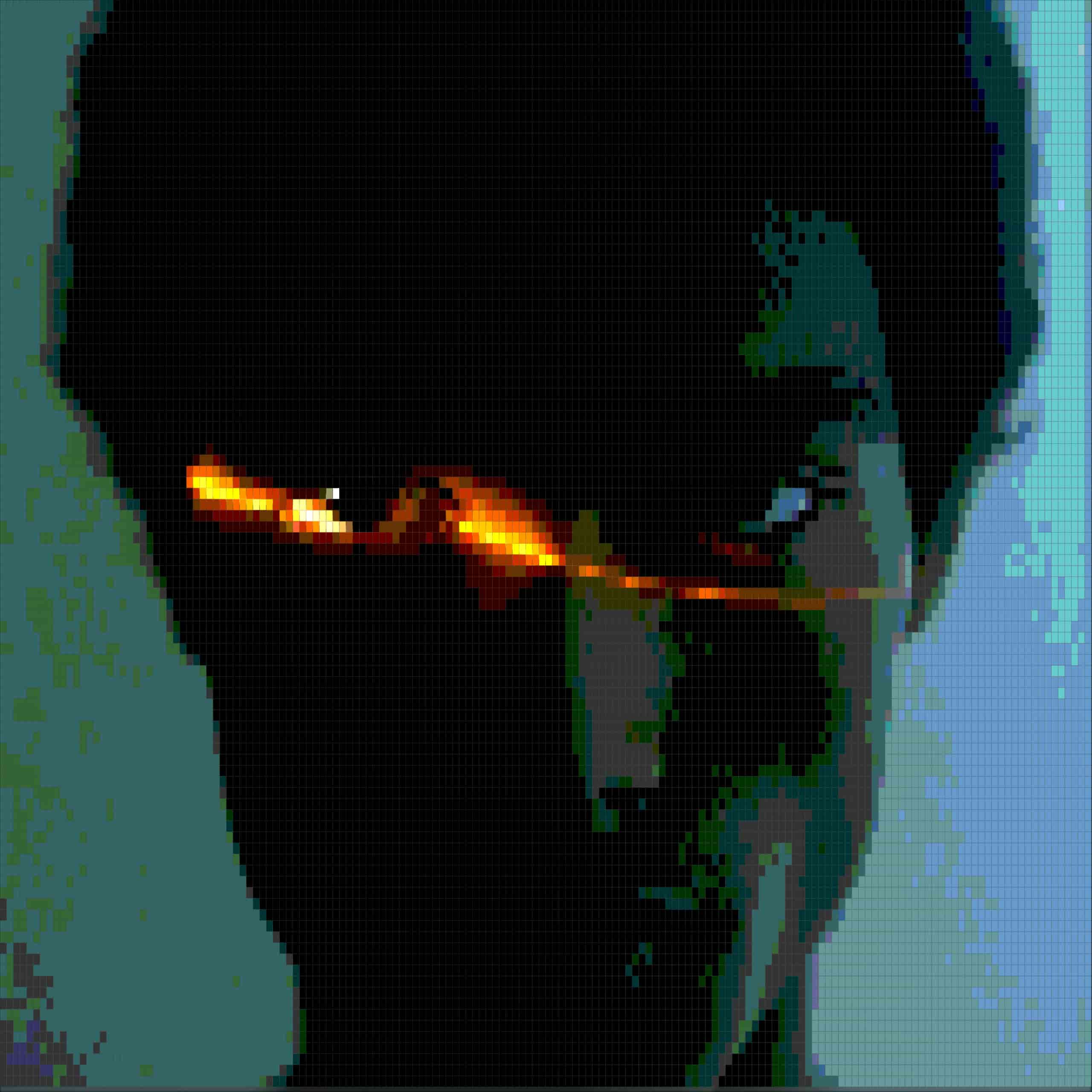 Pixel art version of a colour photo — square pixel grid with quantised palette producing a clean retro game aesthetic