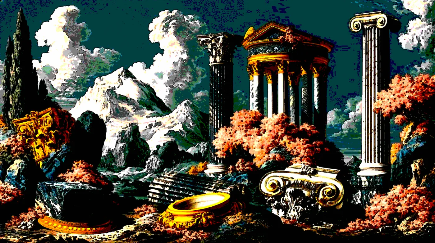 A landscape photograph redrawn in the Comic style, flat ink-like colour bands with a heavy outline, the look Ben Day dots were printed alongside
