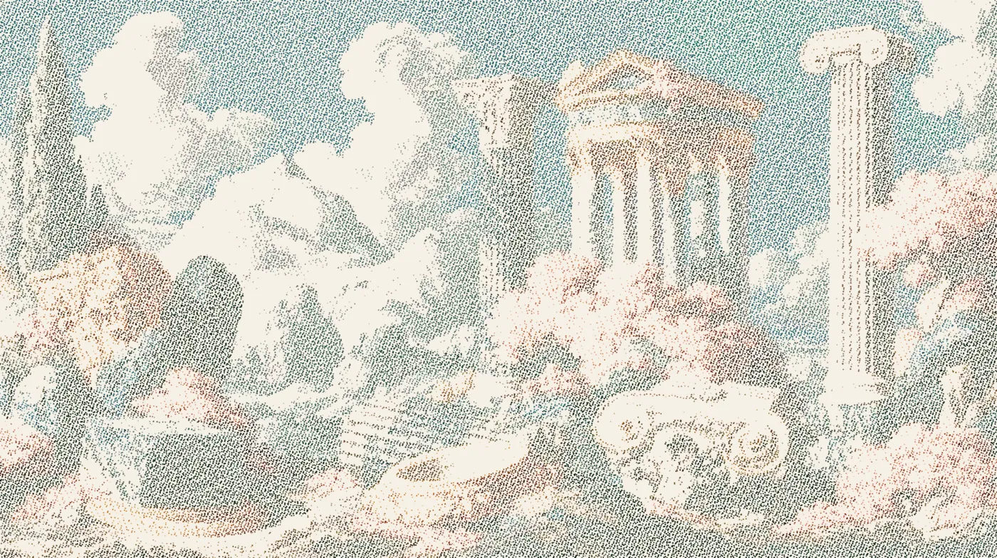 A photograph rebuilt entirely from fine stipple dots of equal size, dense in the shadows and sparse in the highlights, like a pen-and-ink engraving