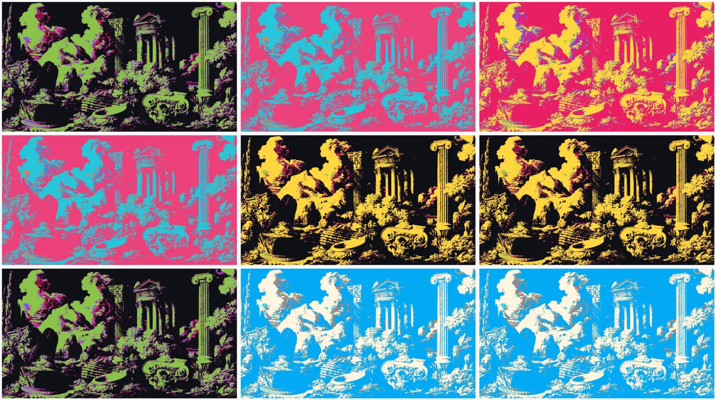 The same photograph repeated in a three by three grid, each panel in a different flat pop-art colour pairing, the Warhol screenprint look
