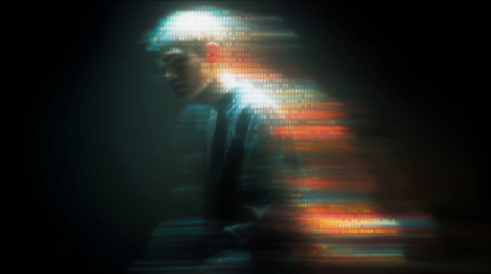 The same photograph rendered as ASCII art with printable characters mapped to image brightness — dense glyphs in dark regions, sparse glyphs in highlights