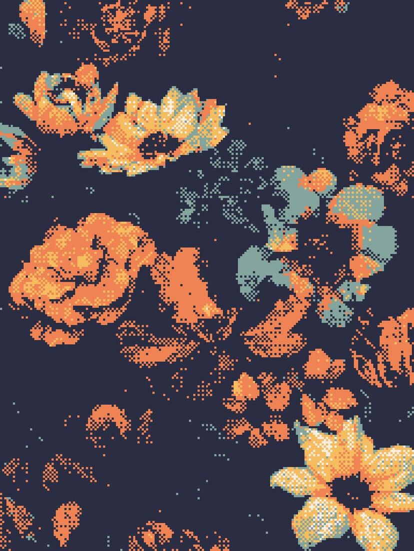 Photo dithered with a horizontal line pattern in a risograph-style palette