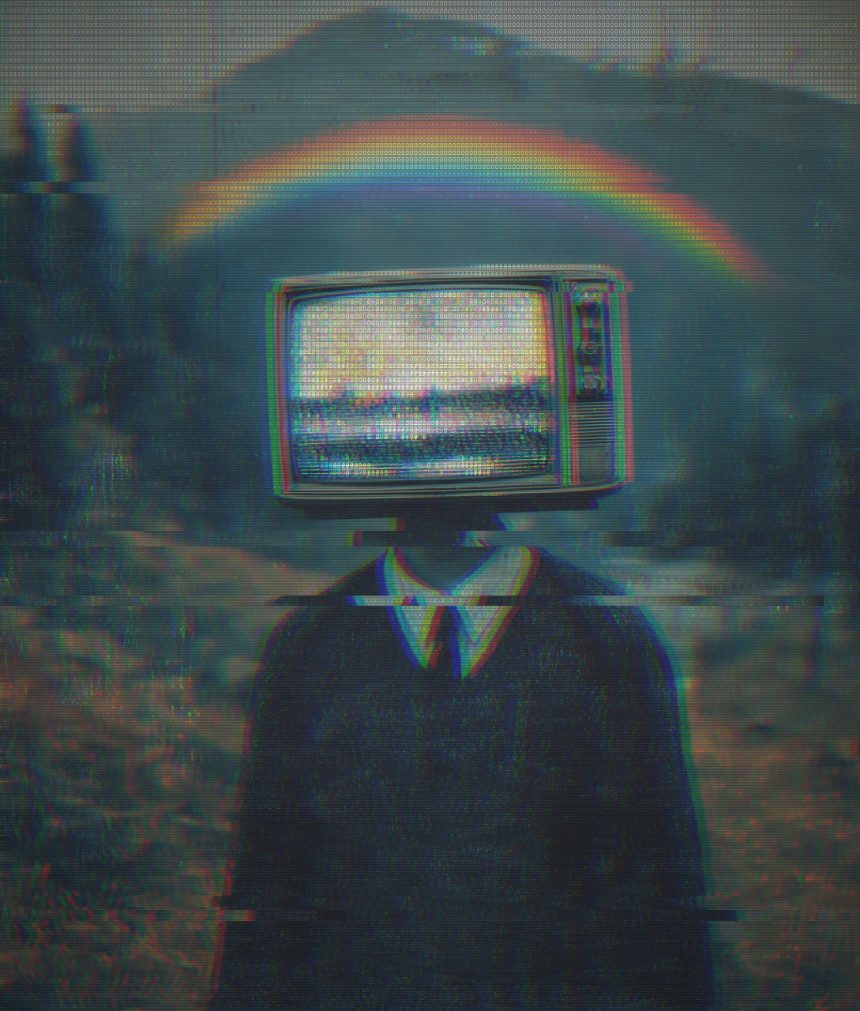 Photo rendered with the glitch effect, heavy datamosh slice displacement