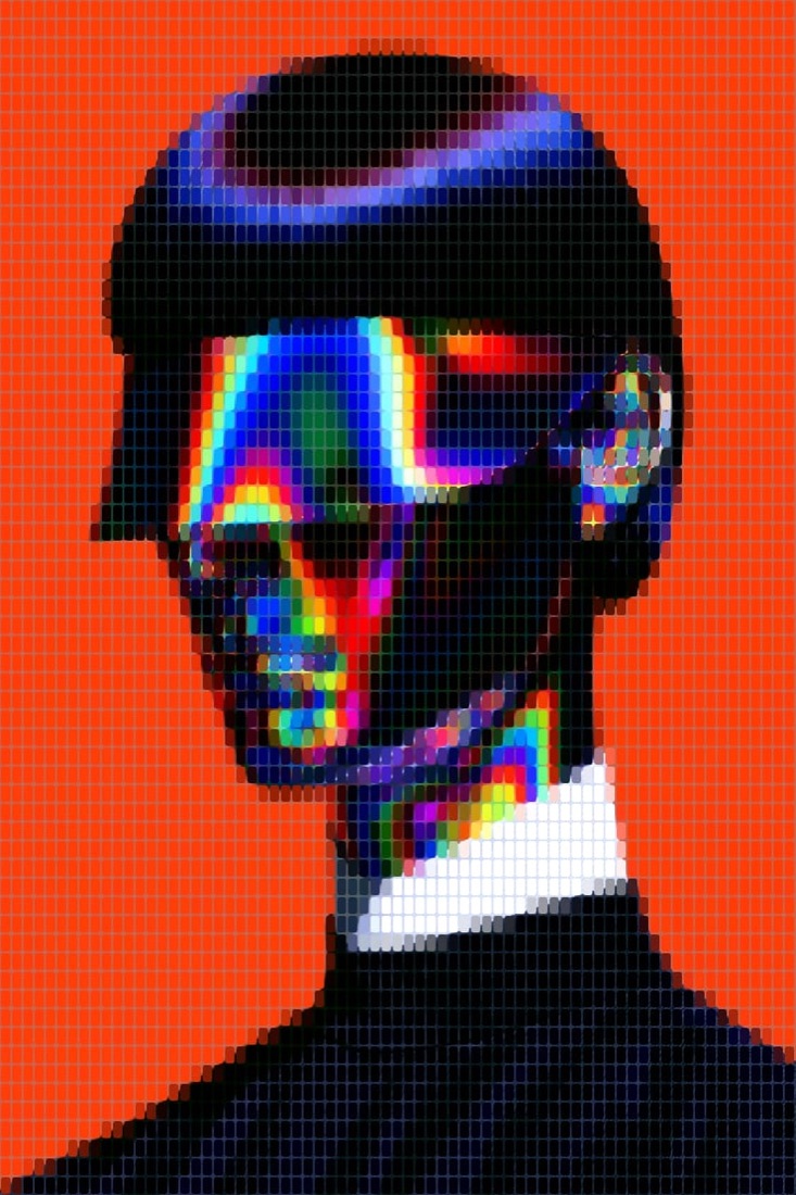 Portrait rebuilt as a mosaic of square colour tiles with a Commodore 64 dither overlay