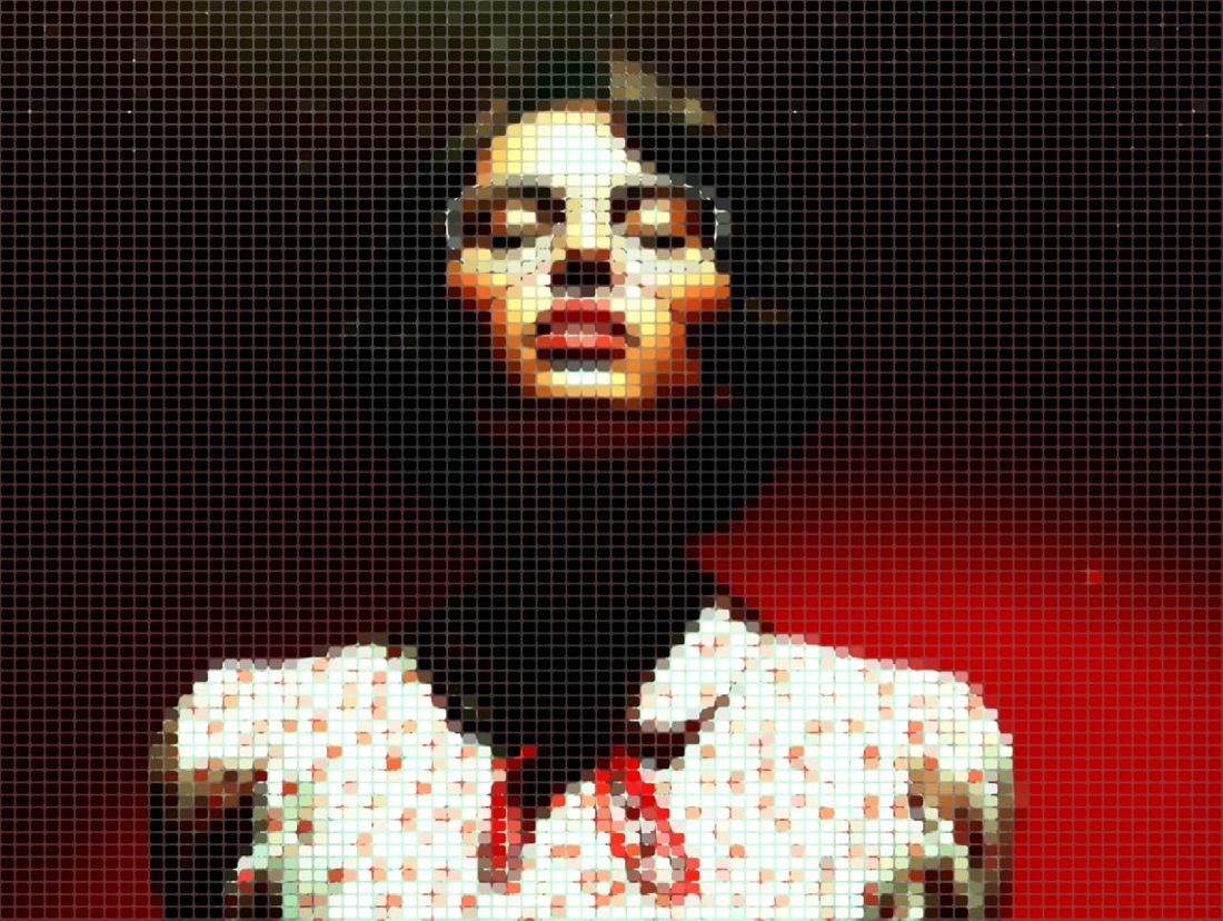 Portrait rendered as a mosaic of wide rectangular colour tiles
