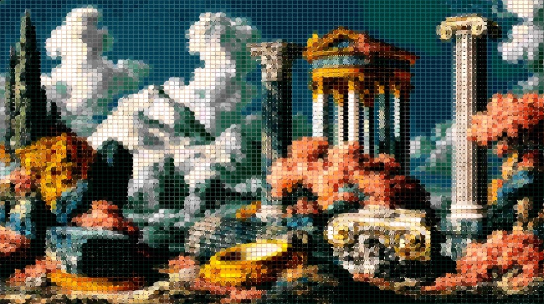 A photo turned into a mosaic of colour tiles with the ASCII Magic editor