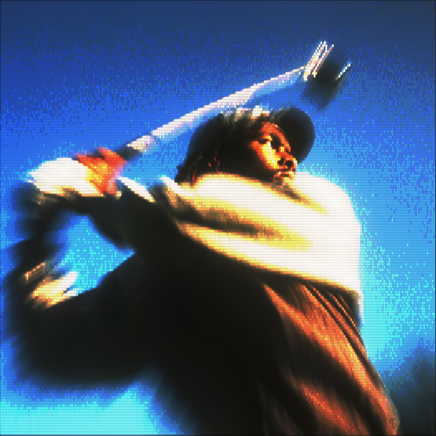 The same photograph rendered as pixel art with a downsampled pixel grid and quantised colour palette — clean 8-bit / 16-bit retro look
