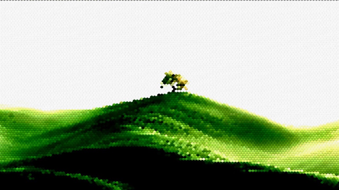 Rolling green hills rebuilt as voxel art with fine isometric cubes