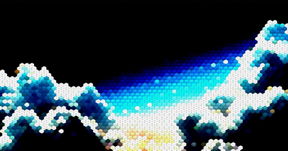 A wave rebuilt as voxel art with chunky isometric cubes and strong outlines