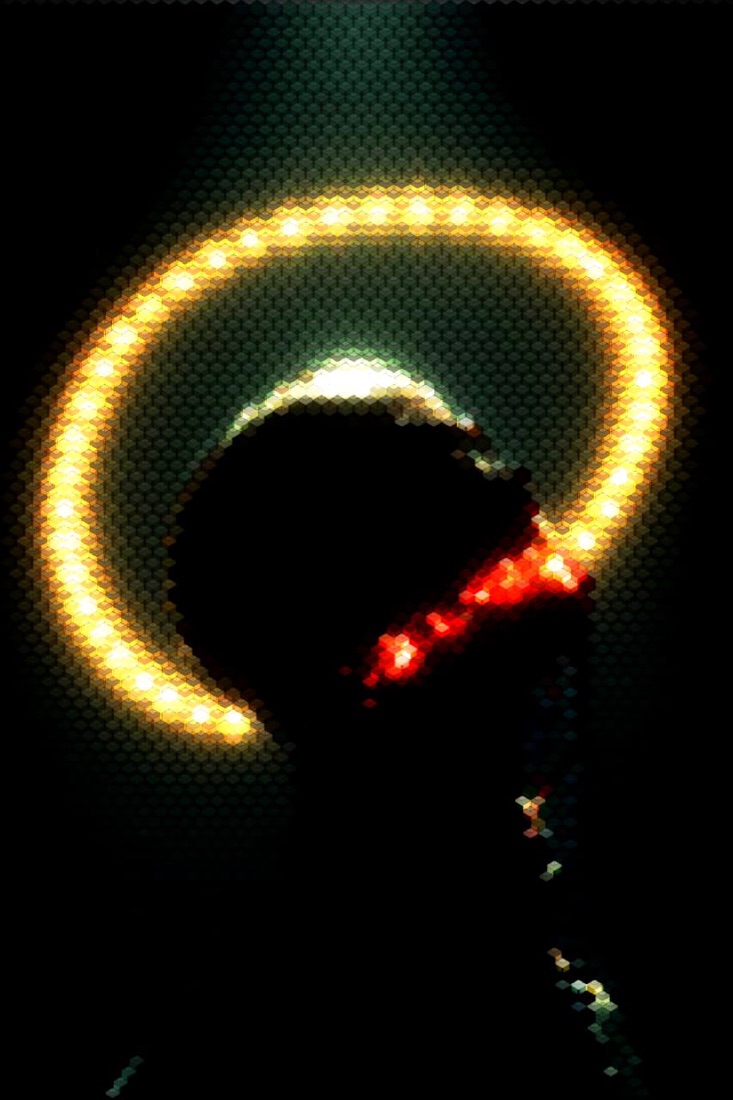 An eclipse rebuilt as voxel cubes with an overlay blend mode