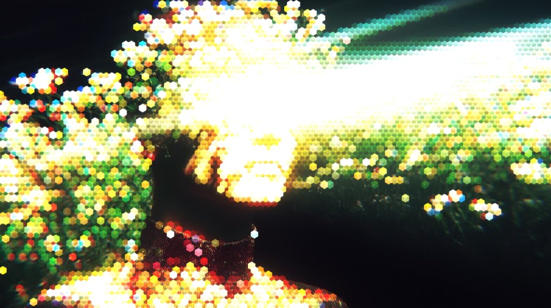 A sunlit portrait rebuilt as bright voxel cubes with a screen blend