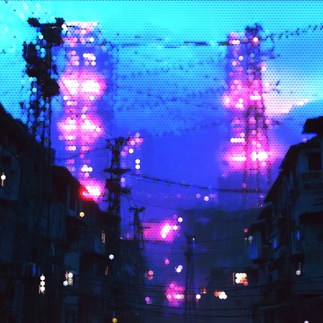 A neon city street rebuilt as tightly packed voxel cubes