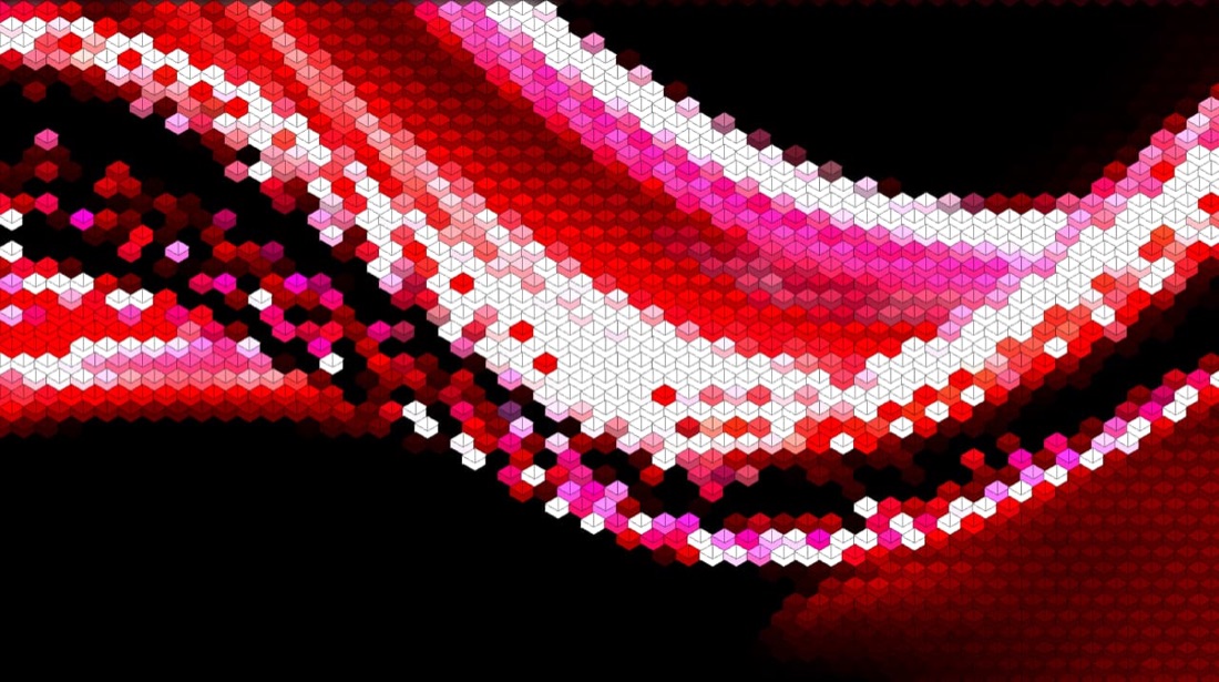 The same photograph rebuilt as voxel art, isometric 3D cubes shaded from the image